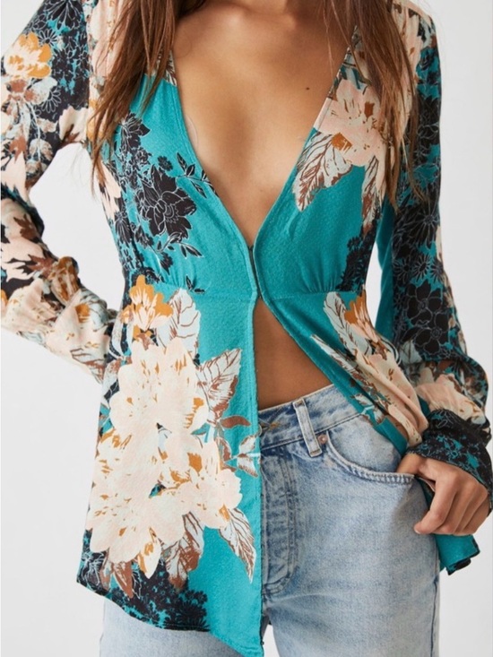 Free People Tops - Free People Teal Floral Plunge Button-Down Top
